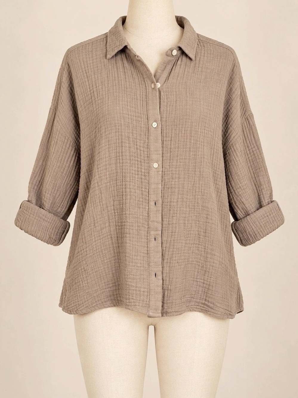 Lou & Grey XL Taupe Cotton Gauze Oversized Button Down Shirt Tunic Coastal